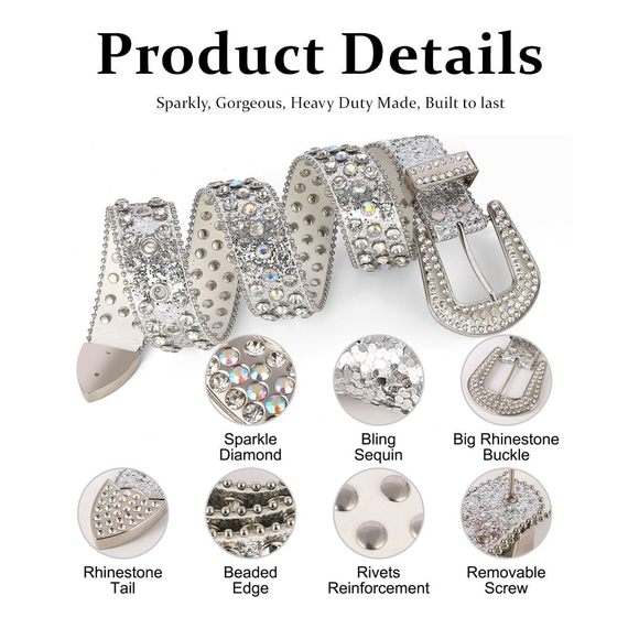 Silver Rhinestone Belts For Women Men Cowboy Cowgirl Bling Western Bb Y2k Belt🦄 - Picture 5 of 7